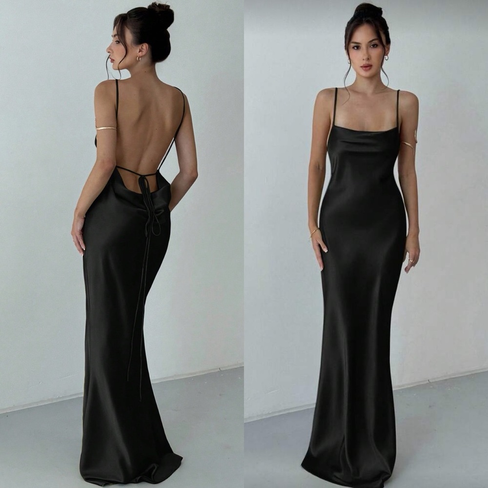 Black silk slip dress backless tie cami maxi dress draped low back cocktail